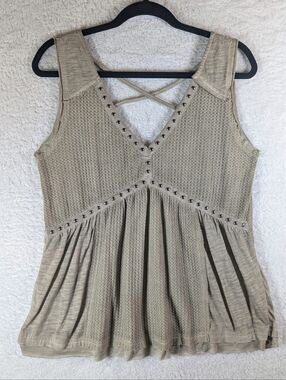 POL Olive Green Studded V-Neck Pleated Knit Camisole